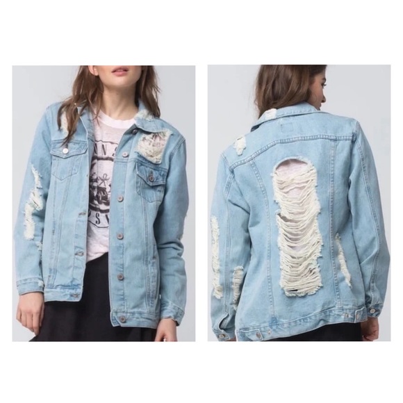BOOM BOOM JEANS Destroyed Distressed Denim Jacket L - Picture 6 of 16
